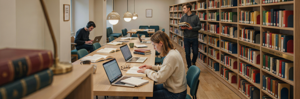 Espace de bibliothèque universitaire utilisé pour travailler et accéder aux ressources numériques