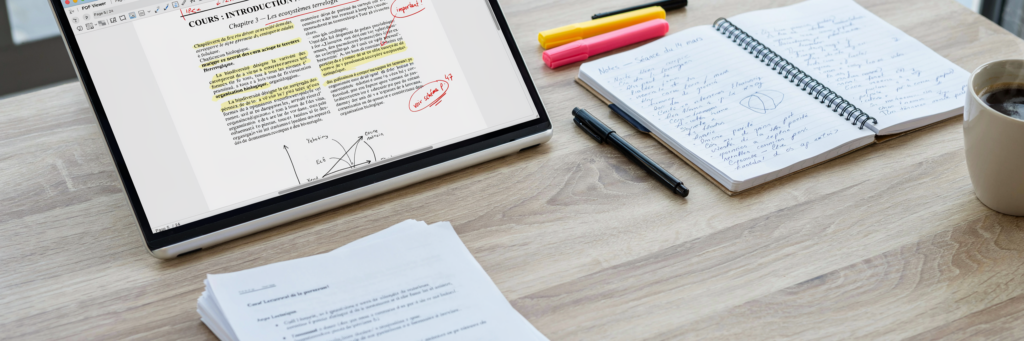 Support de cours annoté sur ordinateur avec carnet de notes pour réviser en études de santé