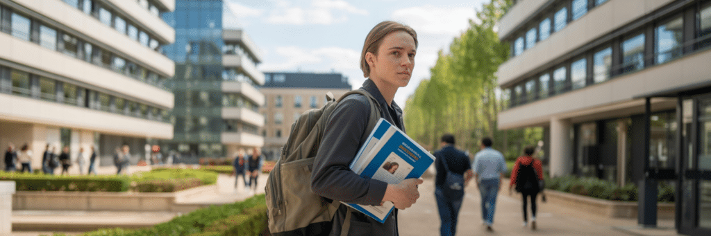 Étudiant se rendant à pied vers la faculté de médecine de Saint-Étienne