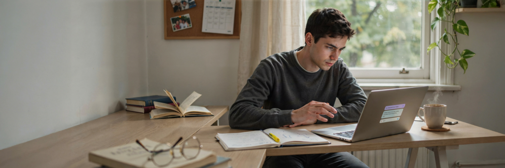 Étudiant en première année de santé révisant sur ordinateur avec ses supports de cours