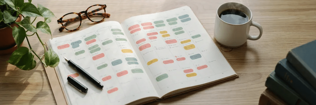 Planning hebdomadaire posé sur un bureau, support des routines de travail